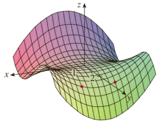 A hyperbolic paraboloid that increases in value in the first and second quadrants and decreases along the y-axis.